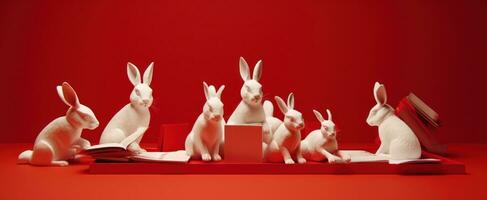 AI generated white rabbits and fans on red tables photo