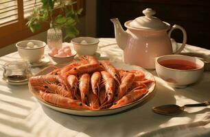 AI generated shrimps are on a table with some tea photo