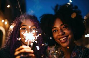 AI generated women who are holding sparklers near the sky, photo