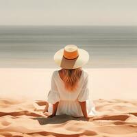 ai generado mujer vistiendo blanco y sombrero sentado en un arenoso playa, foto