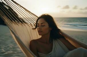 AI generated woman sitting in hammock on the beach with her eyes closed photo