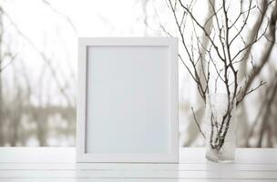 AI generated white frame and cotton branches in white background, photo