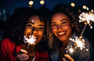 AI generated women who are holding sparklers near the sky, photo