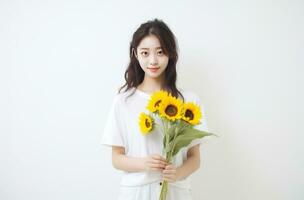 ai generado joven dama participación un ramo de flores de girasoles en contra blanco fondo, foto