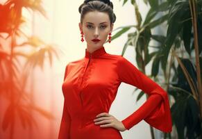AI generated woman wearing red asian style dress photo