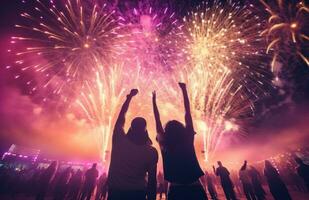 AI generated young people at the music festival with fireworks, photo