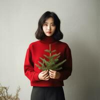 ai generado mujer con rojo suéter participación Navidad árbol, foto