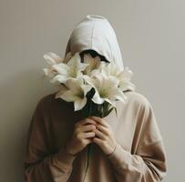ai generado mujer con un flor cubierta su cara foto