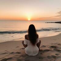 ai generado mujer se sienta en playa a hora de atardecer, foto