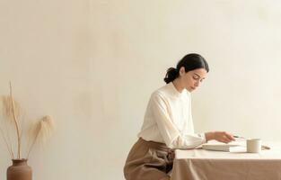 AI generated woman taking time for herself while sitting at a desk, photo