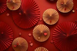 AI generated red paper fans on a red background photo