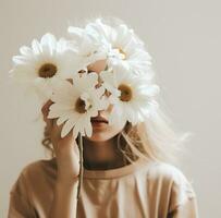 ai generado mujer con un flor cubierta su cara foto