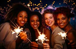 AI generated women who are holding sparklers near the sky, photo