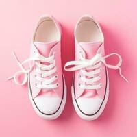 AI generated womens tennis sneakers with white laces on a pink background. photo