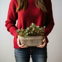 ai generado mujer vistiendo rojo suéter participación de madera plantador, foto