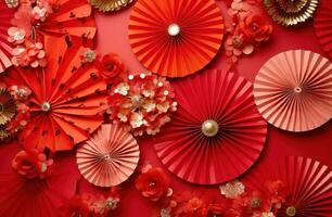 AI generated red paper paper fans on red background photo