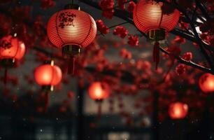 AI generated red lanterns hanging from branches and red lanterns at night photo