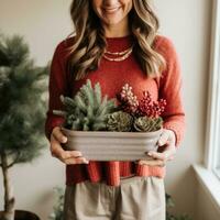 AI generated woman wearing red sweater holding wooden planter, photo