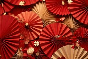 AI generated red paper fans on a red background photo