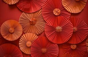 AI generated red paper fan flower on red background photo