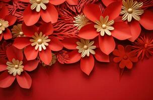 AI generated red paper with gold flowers is placed on a red background photo