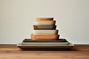 AI generated several flat plates and bowls are stacked on top of each other photo