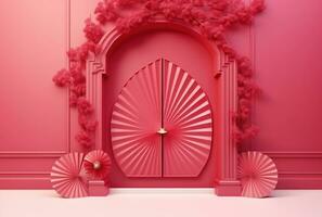 ai generado rojo papel ventilador con hojas en eso en rosado antecedentes en frente de el puerta foto