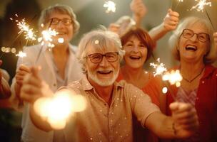 AI generated senior group showing off sparklers at a party photo