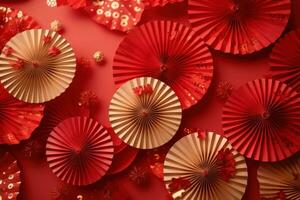 AI generated red paper fans on a red background photo
