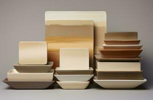 AI generated several flat plates and bowls are stacked on top of each other photo