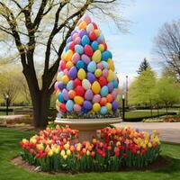 AI generated A picturesque outdoor scene featuring a decorated Easter egg tree and colorful tulips in bloom photo