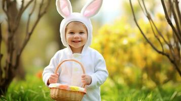 ai generado niño vestido en un Pascua de Resurrección conejito disfraz participación un cesta de huevos foto