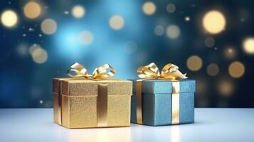 AI generated two christmas gift boxes in blue on a bokeh background, photo