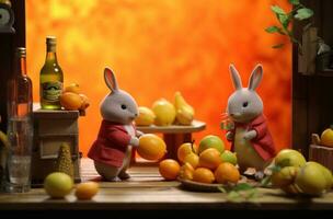 AI generated three rabbits with a bottle of oranges next to them, photo