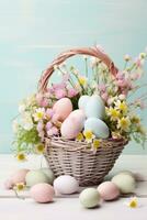 ai generado un festivo Pascua de Resurrección antecedentes con pastel de colores huevos y flores arreglado en un cesta foto