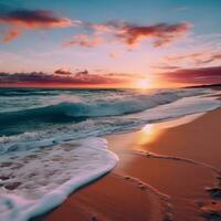 AI generated calm beach with gentle waves, soft sand, and a colorful sunset over the horizon photo