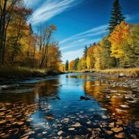 ai generado un calma río devanado mediante un bosque con vibrante otoño follaje y un claro azul cielo encima foto