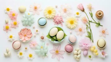 AI generated A creative flat lay photo featuring various Easter-themed objects