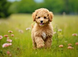 AI generated a cute poodle puppy standing wide with tongue out in front photo