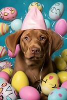 AI generated A cute photo of a puppy wearing bunny ears and surrounded by Easter eggs