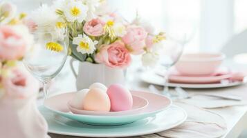 ai generado un hermosamente estilizado Pascua de Resurrección mesa ajuste con un floral habitación central foto