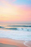 AI generated calm beach with gentle waves, soft sand, and a colorful sunset over the horizon photo