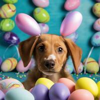 AI generated A cute photo of a puppy wearing bunny ears and surrounded by Easter eggs