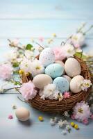 ai generado un festivo Pascua de Resurrección antecedentes con pastel de colores huevos y flores arreglado en un cesta foto