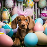 ai generado un linda foto de un perrito vistiendo conejito orejas y rodeado por Pascua de Resurrección huevos