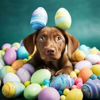 AI generated A cute photo of a puppy wearing bunny ears and surrounded by Easter eggs