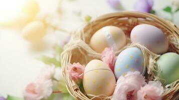ai generado un festivo Pascua de Resurrección antecedentes con pastel de colores huevos y flores arreglado en un cesta foto
