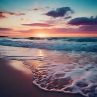 AI generated calm beach with gentle waves, soft sand, and a colorful sunset over the horizon photo