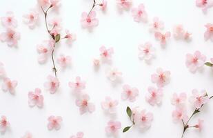 AI generated tiny pink flowers, leaves and stems floating on a white surface, photo