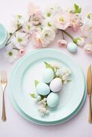 AI generated A beautifully styled Easter table setting with a floral centerpiece photo